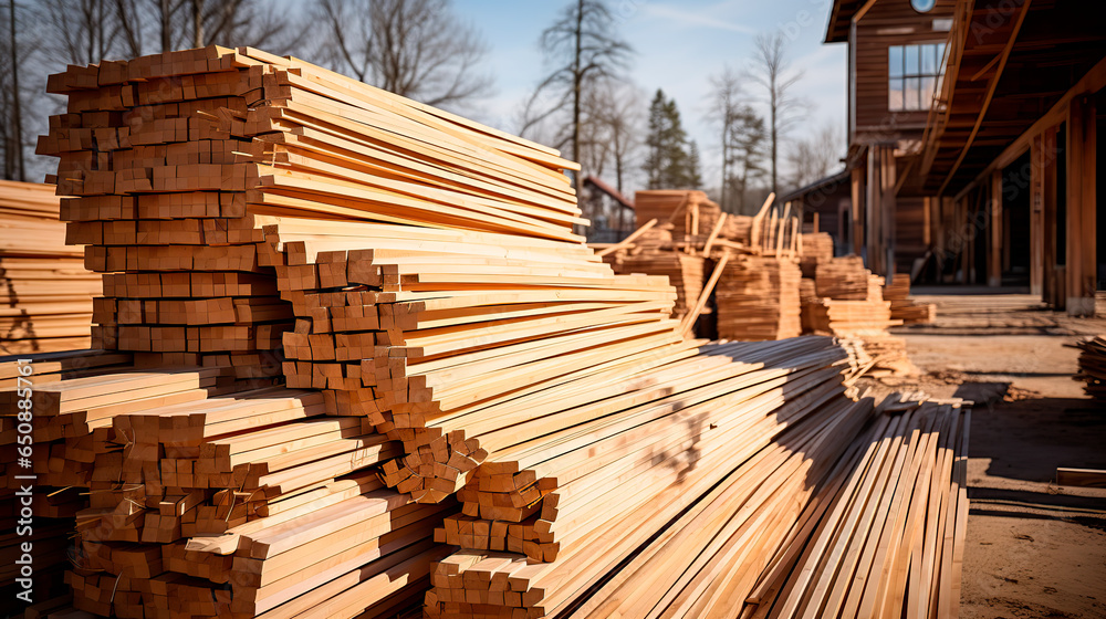 Stack of wooden planks in a warehouse or factory Stack of wooden planks in a warehouse or factory