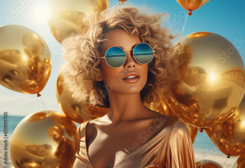 Young sexy woman in sunglasses with many golden balloons on beach event