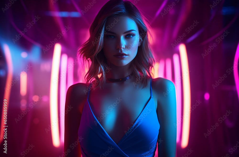 A stylish lady with vibrant multitude of neon purple pink color fashion accessories, takes center stage in a close-up portrait against a lively background. Generative AI.
