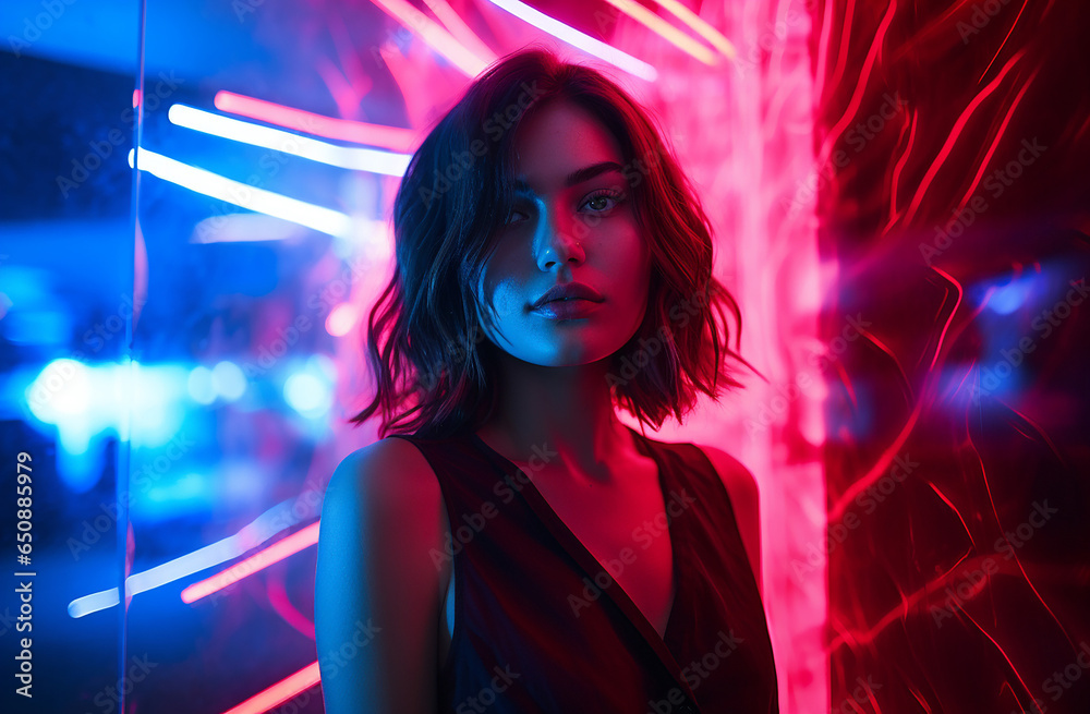 A stylish lady with vibrant multitude of neon purple pink color fashion accessories, takes center stage in a close-up portrait against a lively background. Generative AI. A stylish lady with vibrant multitude of neon purple pink color fashion accessories, takes center stage in a close-up portrait against a lively background. Generative AI.