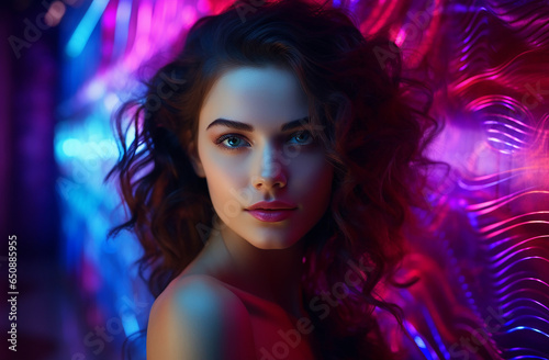 A stylish lady with vibrant multitude of neon purple pink color fashion accessories, takes center stage in a close-up portrait against a lively background. Generative AI.