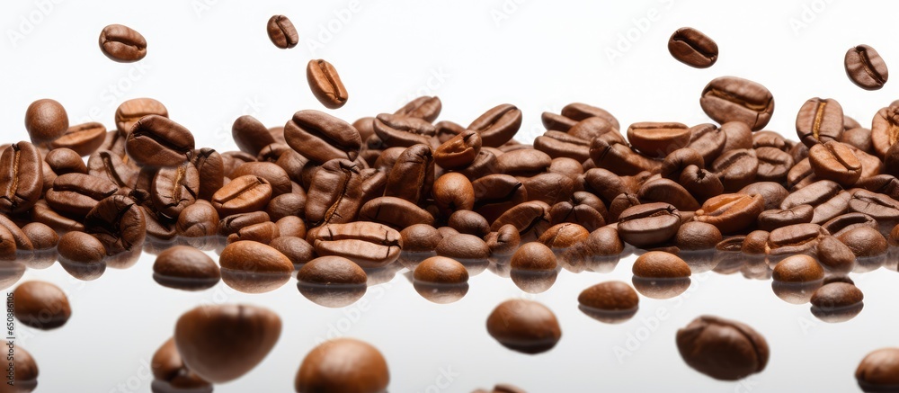 Obraz premium Coffee beans falling on a white background symbolizing breakfast energy freshness and a delightful aroma