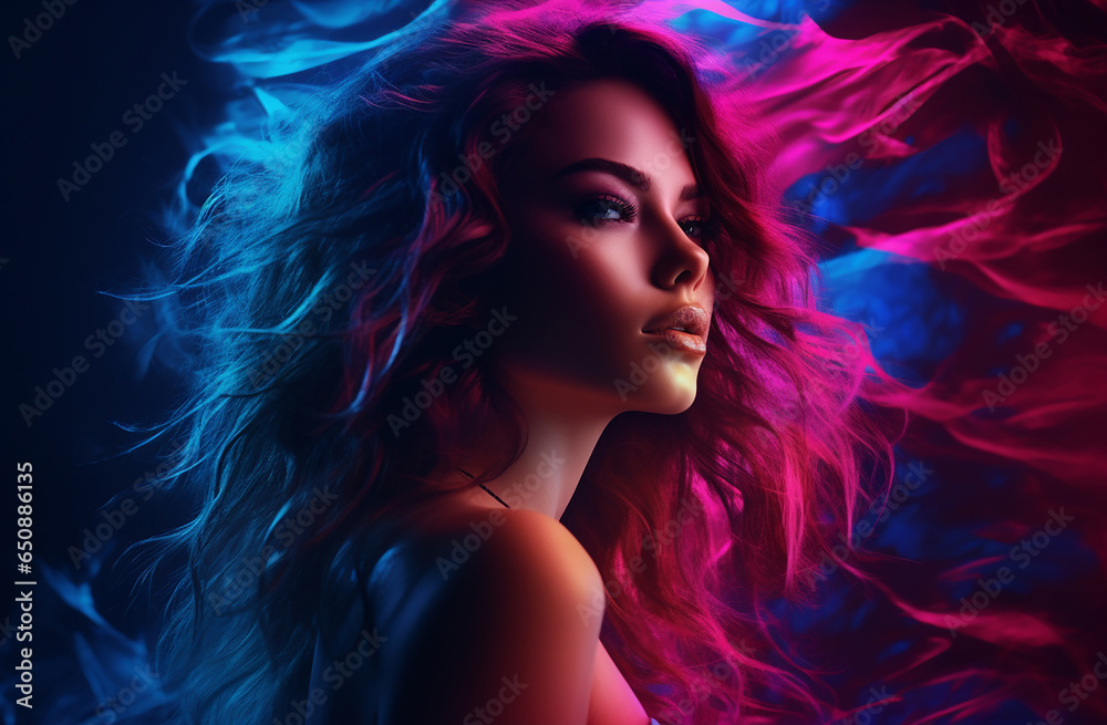 A stylish lady with vibrant multitude of neon purple pink color fashion accessories, takes center stage in a close-up portrait against a lively background. Generative AI.