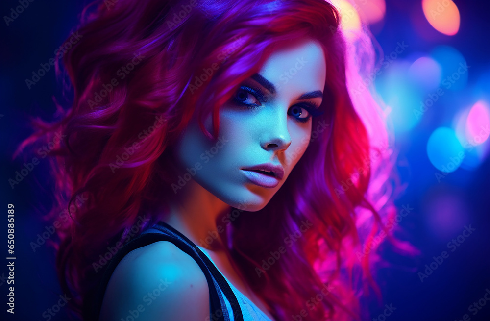 A stylish lady with vibrant multitude of neon purple pink color fashion accessories, takes center stage in a close-up portrait against a lively background. Generative AI. A stylish lady with vibrant multitude of neon purple pink color fashion accessories, takes center stage in a close-up portrait against a lively background. Generative AI.