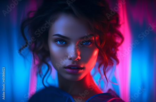 A stylish lady with vibrant multitude of neon purple pink color fashion accessories  takes center stage in a close-up portrait against a lively background. Generative AI.