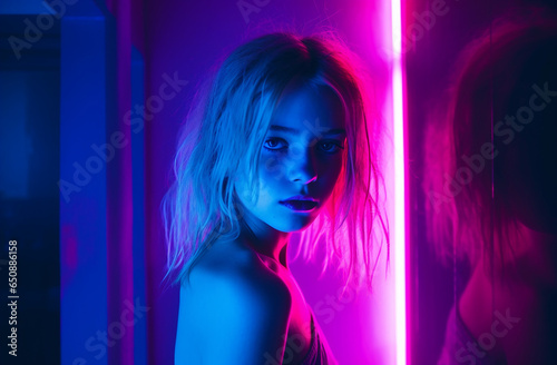 A stylish lady with vibrant multitude of neon purple pink color fashion accessories, takes center stage in a close-up portrait against a lively background. Generative AI.