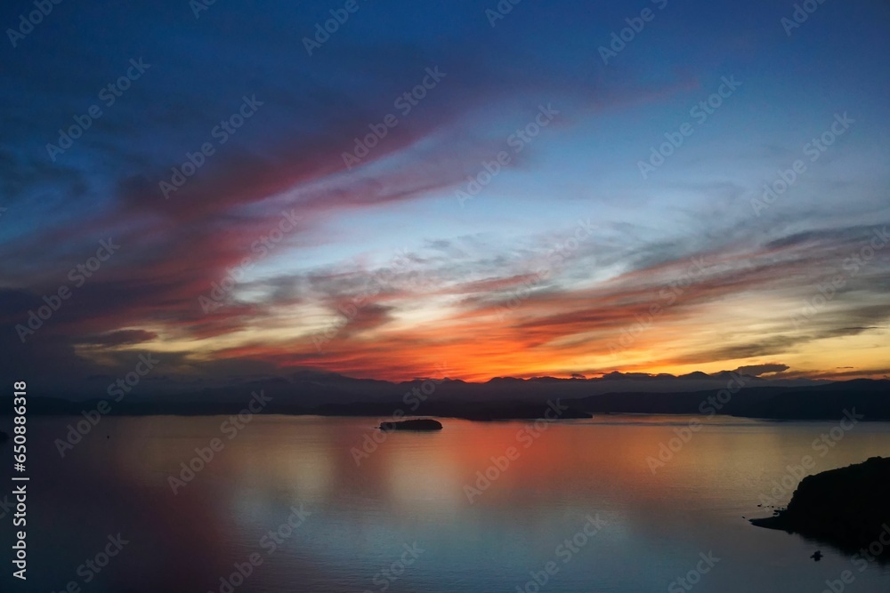 Red sunrise over the sea in Komodo National Park, Indonesia