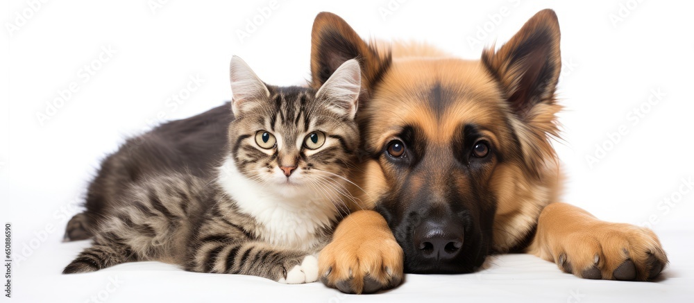 Pets posing for a photo alone on white background