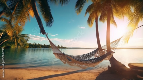 A relaxing hammock between two palm trees on a beautiful beach © cac_tus
