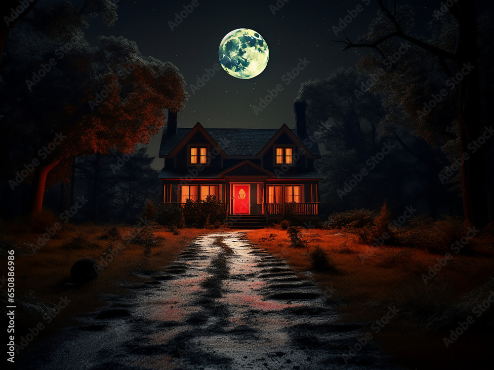 Ghostly Halloween Old House: A place where Halloween comes to life. AI Generation.