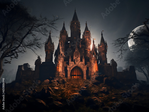 Explore a spooky Halloween old castle, an artful horror experience. AI Generation.