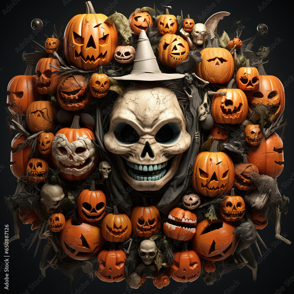 Halloween jack o lantern wallpaper. A large pumpkin as the main subject surrounded by small pumpkin decorations. Ai generative Halloween jack o lantern wallpaper. A large pumpkin as the main subject surrounded by small pumpkin decorations. Ai generative