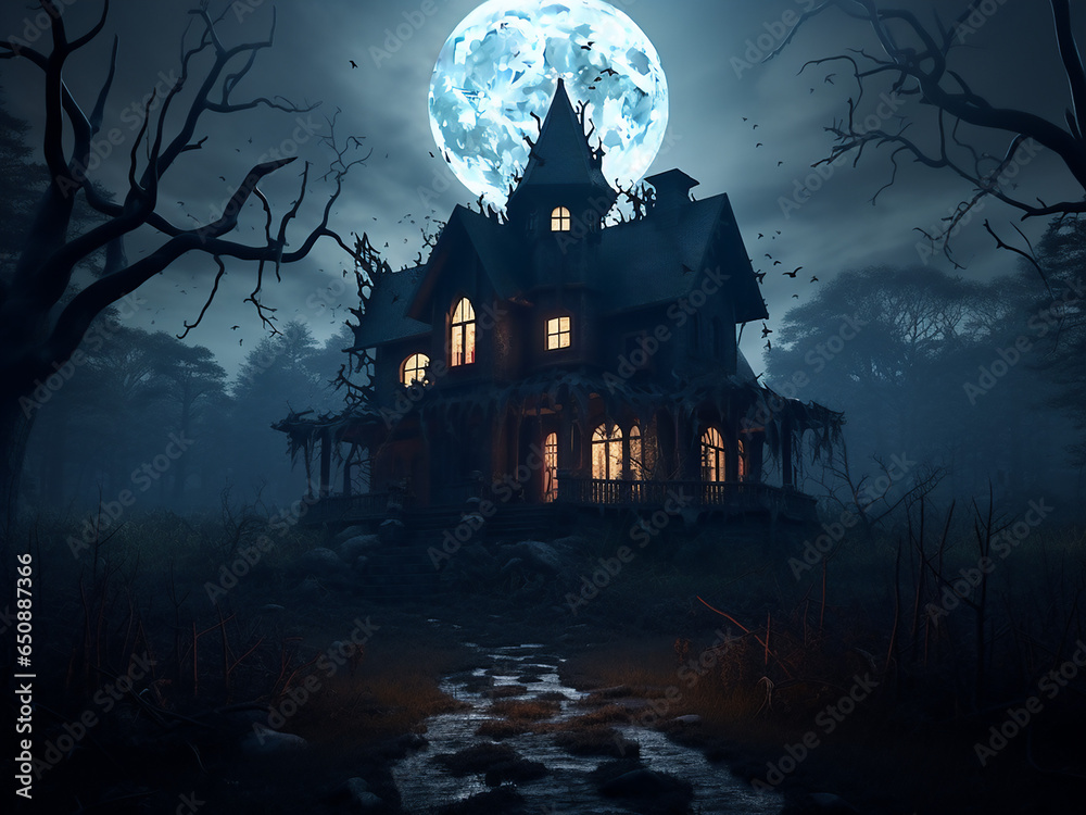 Illustration of a spooky haunted house. AI Generation.