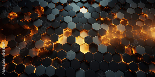 Abstract futuristic luxurious digital geometric technology hexagon background banner illustration 3d - Glowing gold, brown, gray and black hexagonal 3d shape texture wall 