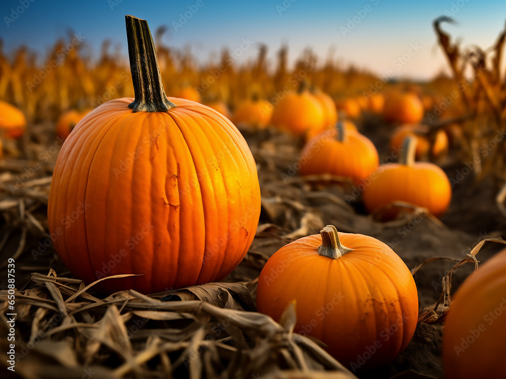 Pumpkin field adorned for Halloween's delight. AI Generation. Pumpkin field adorned for Halloween's delight. AI Generation.