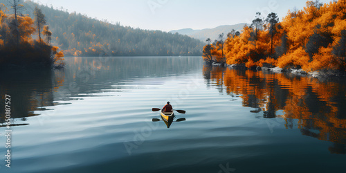 Fotótapéta Person rowing on a calm lake in autumn, aerial view only small boat visible with serene water around - lot of empty copy space for text