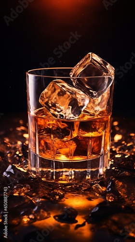 A glass of whiskey with ice cubes on a table