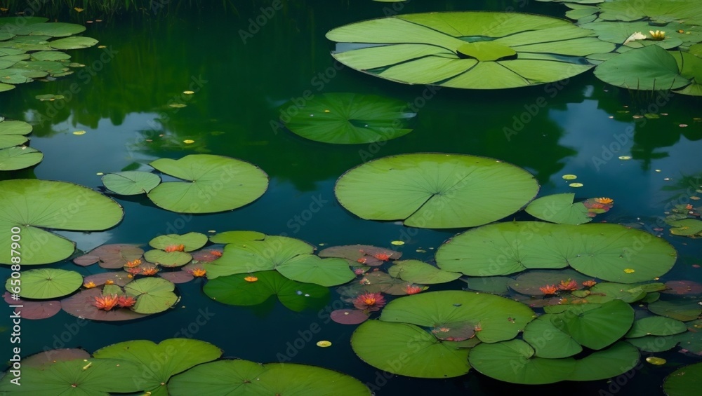 A tranquil pond surrounded by vibrant water lilies A tranquil pond surrounded by vibrant water lilies