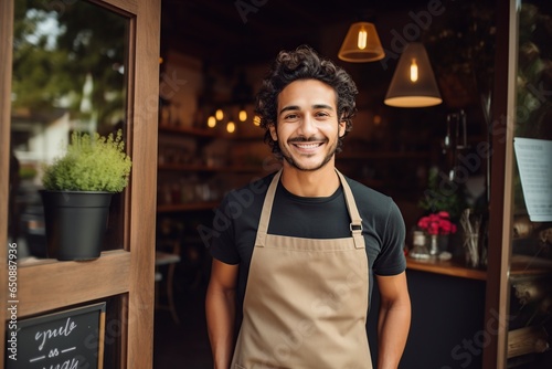 Fototapeta Naklejka Na Ścianę i Meble -  a friendly small business owner hangs an open sign in front