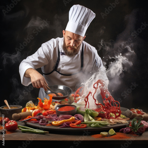 chef with beard and apron cooking on hot plates spicy and sea food