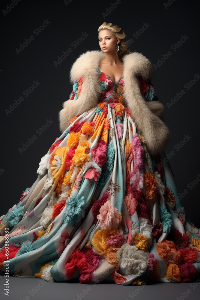 fashionable presentation of a colorful and extravagant fur coat