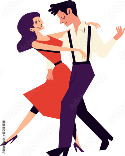 Happy couple dancing. Cartoon 50s vector illustration in flat style