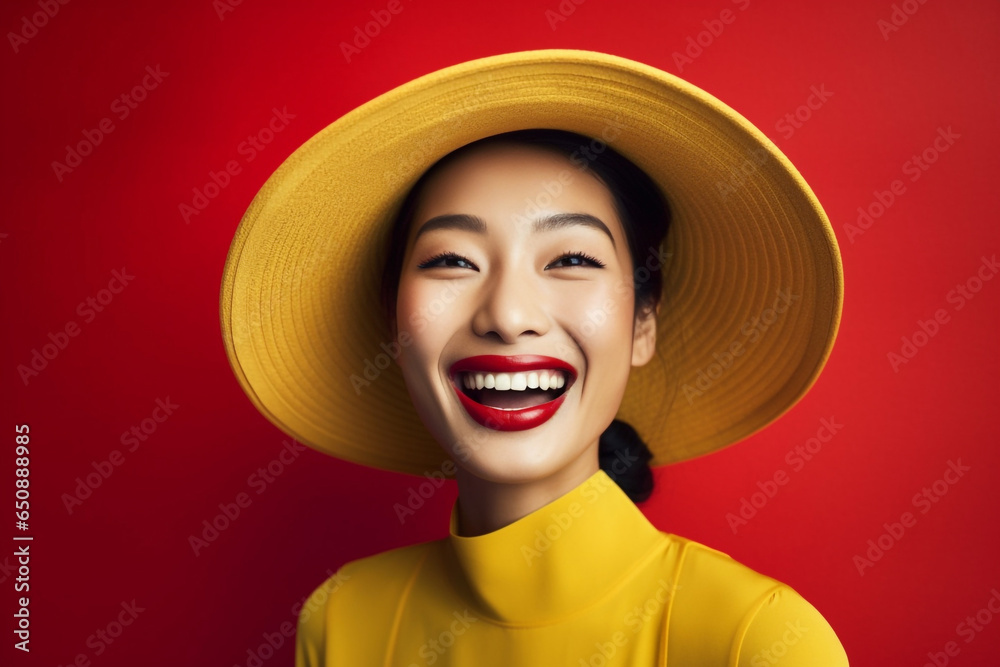 A stylish lady with vibrant multitude of red color fashion accessories, takes center stage in a close-up portrait against a lively background. Generative AI.