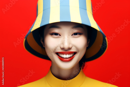 A stylish lady with vibrant multitude of red color fashion accessories, takes center stage in a close-up portrait against a lively background. Generative AI.