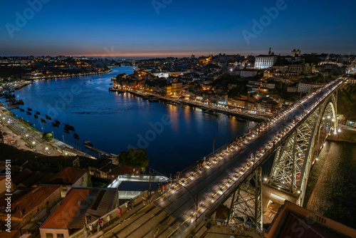 Panoramic view of cityscape of Porto, Portugal over Dom Luis I Bridge and Douro River at sunset
