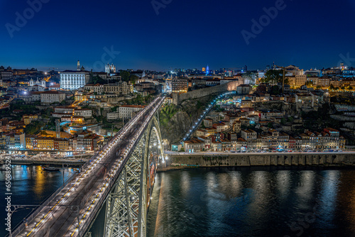 Panoramic view of cityscape of Porto, Portugal over Dom Luis I Bridge and Douro River at sunset