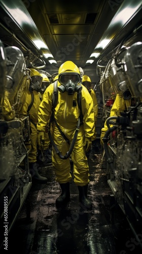 People wearing yellow suits and gas masks