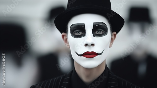 Young guy in a hat in a mime costume with a painted face outdoors photo