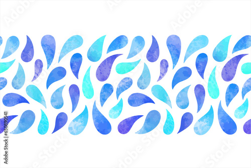 Watercolor drops, droplets, tears seamless vector border, frame. Watercolour stains endless water, aquatic watery pattern, background. Navy blue, aqua, turquoise colors. Hand drawn artistic template.