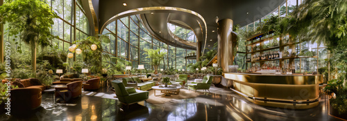 The green hotel in the jungle, a large lounge area with bar and comfortable seating, interior design with large window areas, panorama, generative ai