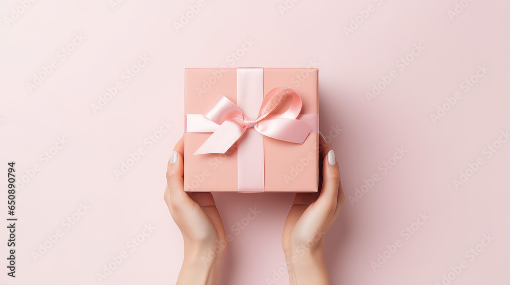 Female hands handling a gift box wrapped in light pastel colors. Small gift box with elegant ribbon tied in a bow, background with copy space, top view. Female hands handling a gift box wrapped in light pastel colors. Small gift box with elegant ribbon tied in a bow, background with copy space, top view.