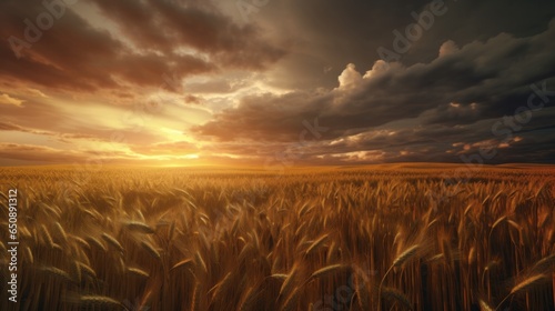 A picturesque wheat field under a dramatic cloudy sky