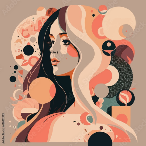 Vector design of a female figure with floral decorations against a beige background