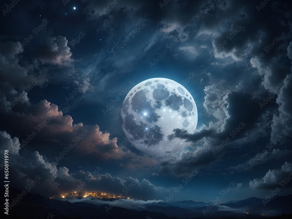 Realistic Night Sky with Clouds and Moon, Beautiful Heaven Nature Background Design - ai generated