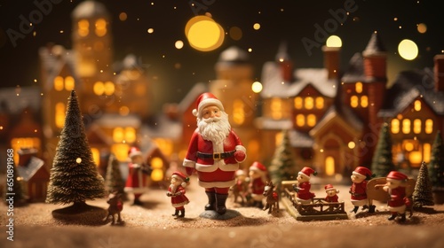 tiny santa claus in a miniature world, photo with tilt shift effect, christmas visuals. generative ai