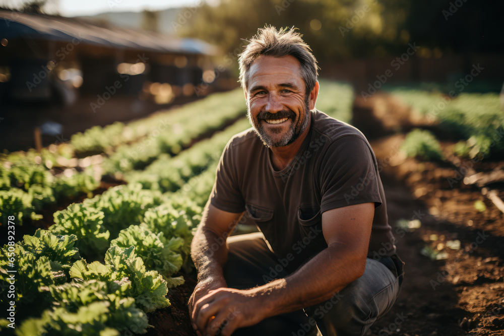 A farmer, spade in hand, stands proudly in an agricultural field, representing sustainable gardening and small business ownership. Generative Ai. A farmer, spade in hand, stands proudly in an agricultural field, representing sustainable gardening and small business ownership. Generative Ai.