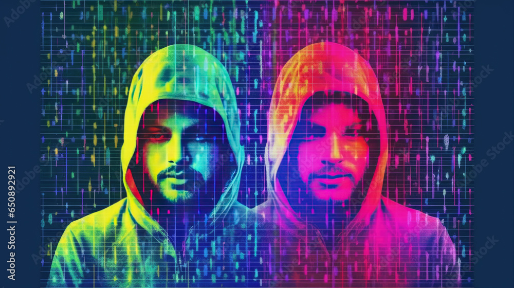 Minimalist portrait of hackers, cybercrime, and the dark web, immersing the frame in a blend of light-faded 8-bit dots and colors. Complemented by a cold wave, vanished light lithography background. Minimalist portrait of hackers, cybercrime, and the dark web, immersing the frame in a blend of light-faded 8-bit dots and colors. Complemented by a cold wave, vanished light lithography background.