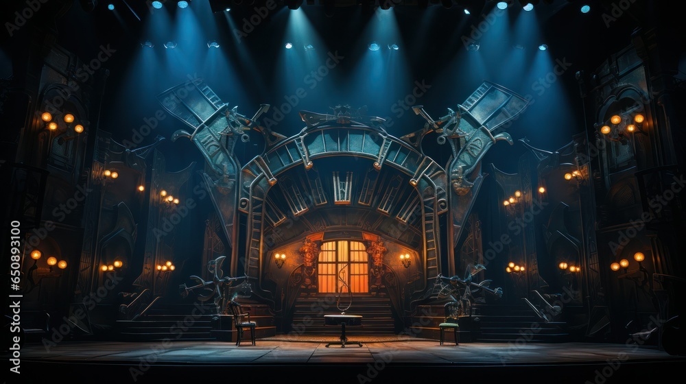 theater set with scenic elements and theatrical lighting - obrazy, fototapety, plakaty 