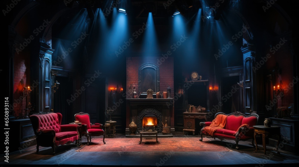 theater set with scenic elements and theatrical lighting - obrazy, fototapety, plakaty 