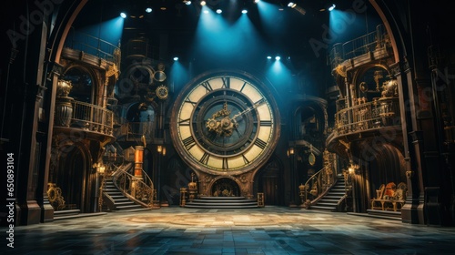 theater set with large clock as focal point, scenic elements, staircases  and theatrical lighting