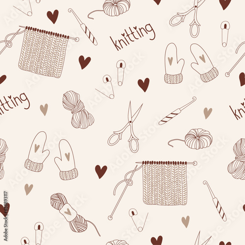 Vector seamless pattern with knitting tools and yarn. Trendy hand drawn vector illustration.