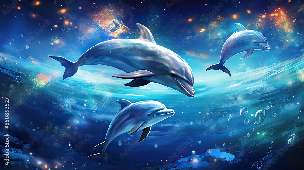 Obraz premium Dolphins leaping across moonbeams in a starlit ocean. AI generative