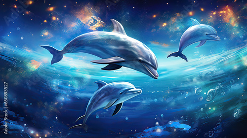 Dolphins leaping across moonbeams in a starlit ocean. AI generative