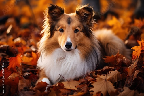 Young adorable collie dog surrounded by autumn foliage, portrait in orange and yellow leaves