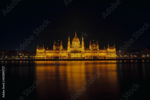 parliament building on parliament square lit up at night by the danube river