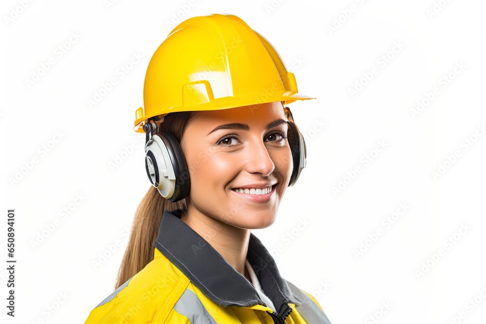 smiling skilled construction worker woman with hearing smiling skilled construction worker woman with hearing